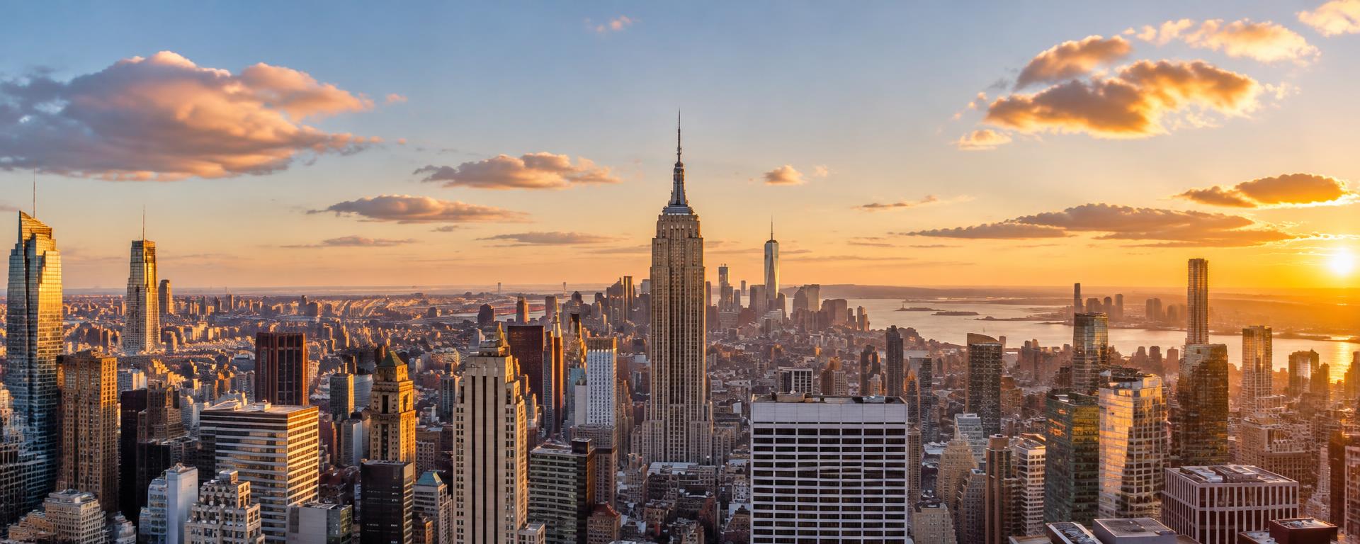 Manhattan and the Empire State Building in the golden light of an autumn sunset